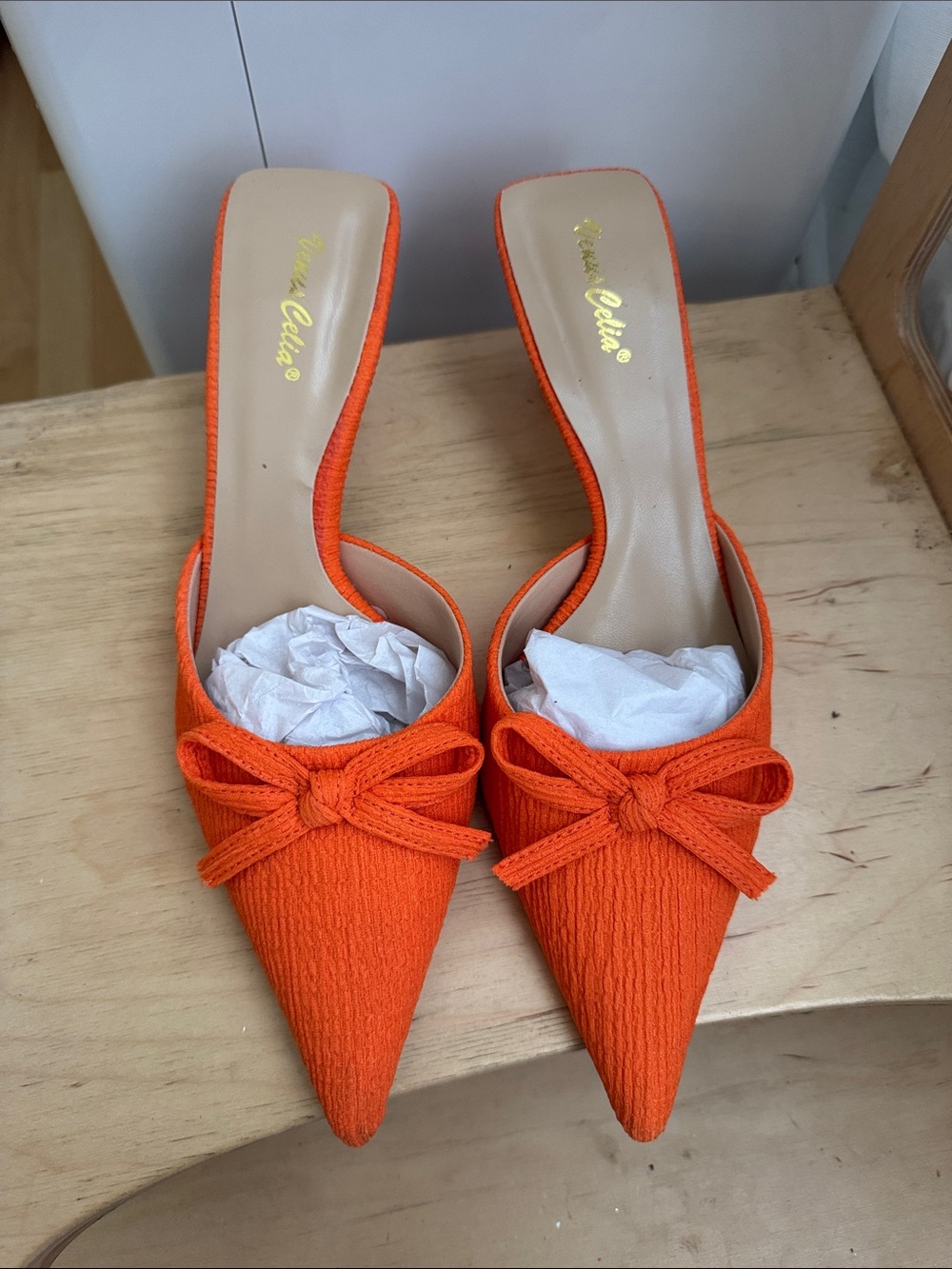 Bright Orange Pointed Bow Mules by